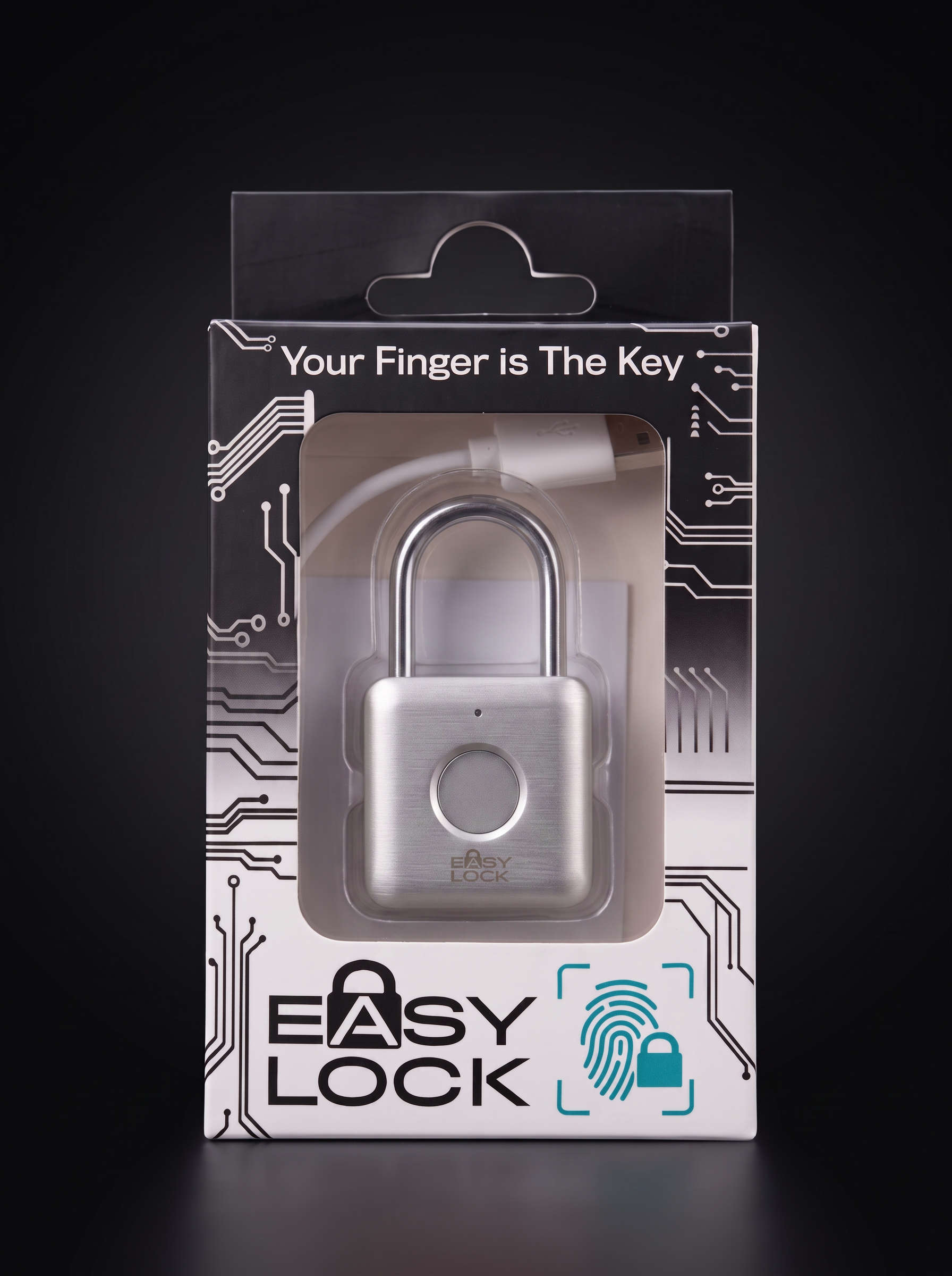 EASY LOCK-hänglås i silver — förpackning mot svart bakgrund