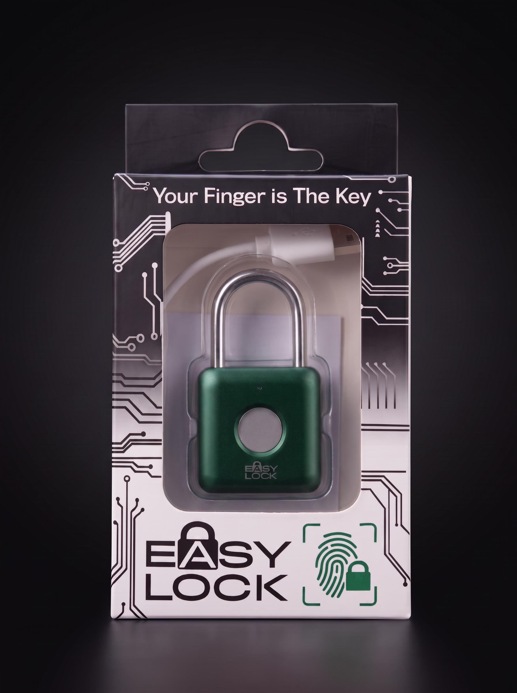 EASY LOCK-hänglås i grönt — förpackning mot svart bakgrund