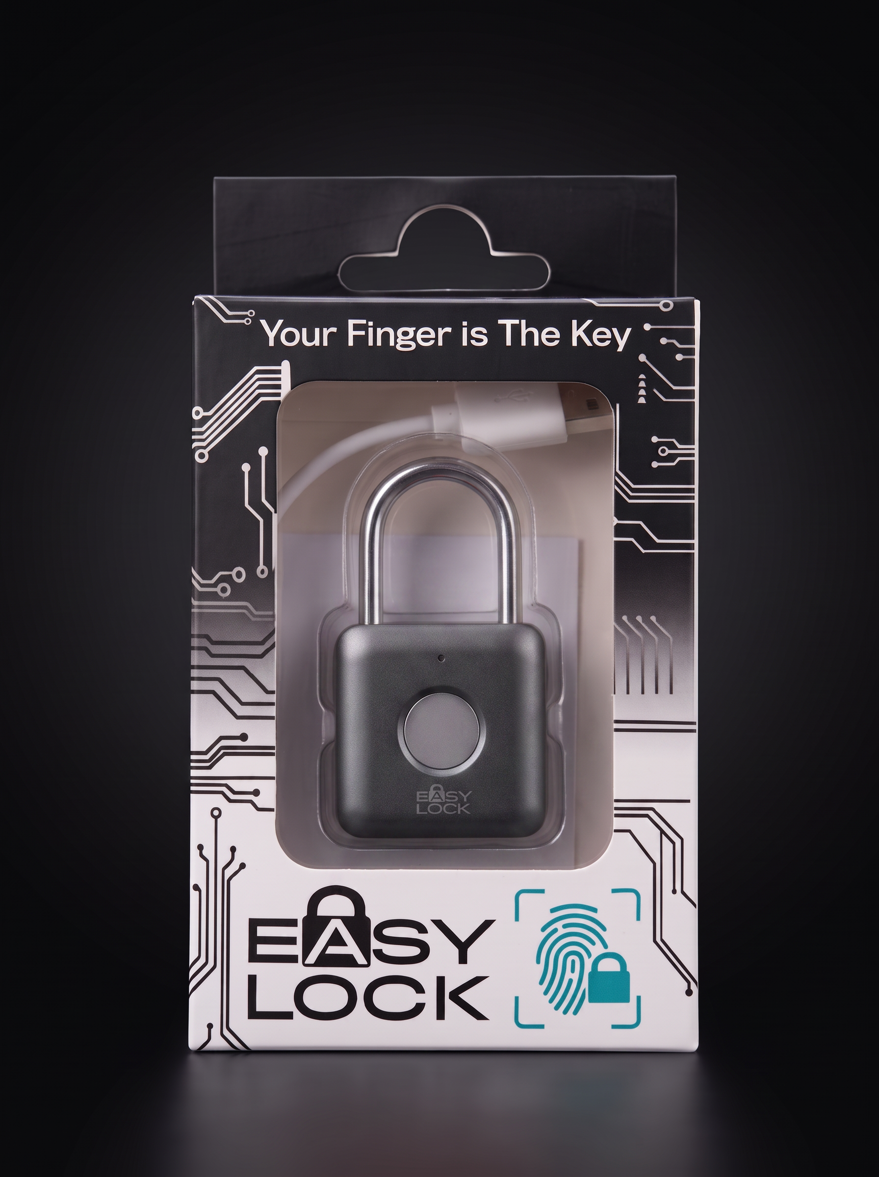 EASY LOCK-hänglås i grafitgrått — förpackning mot svart bakgrund