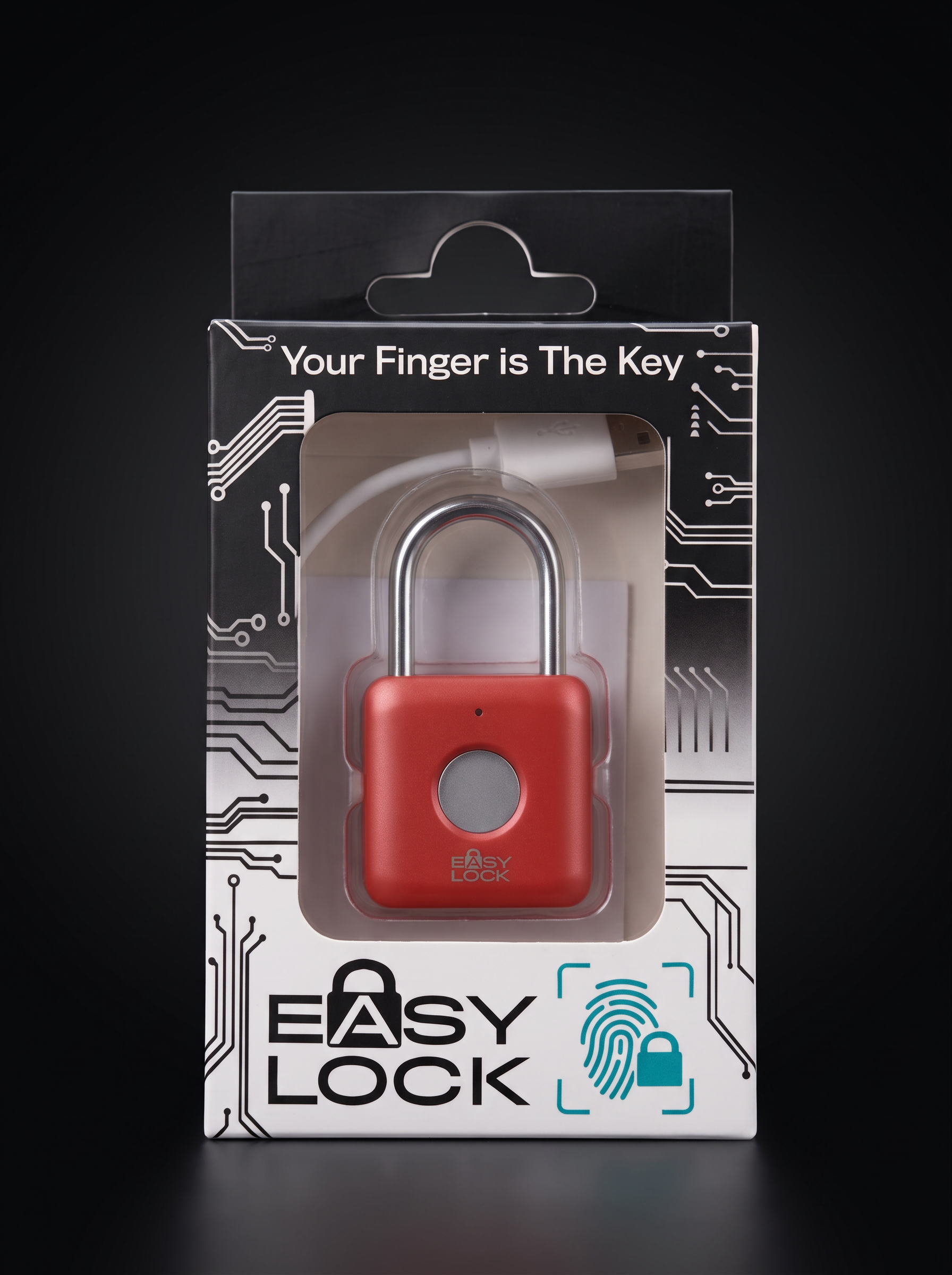EASY LOCK-hänglås i rött — förpackning med texten Your Finger is The Key